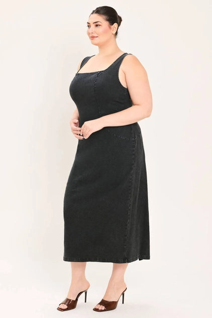 Flying Tomato Plus Size Square Neckline Washed Denim Midi Dress - Black
