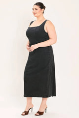 Flying Tomato Plus Size Square Neckline Washed Denim Midi Dress - Black