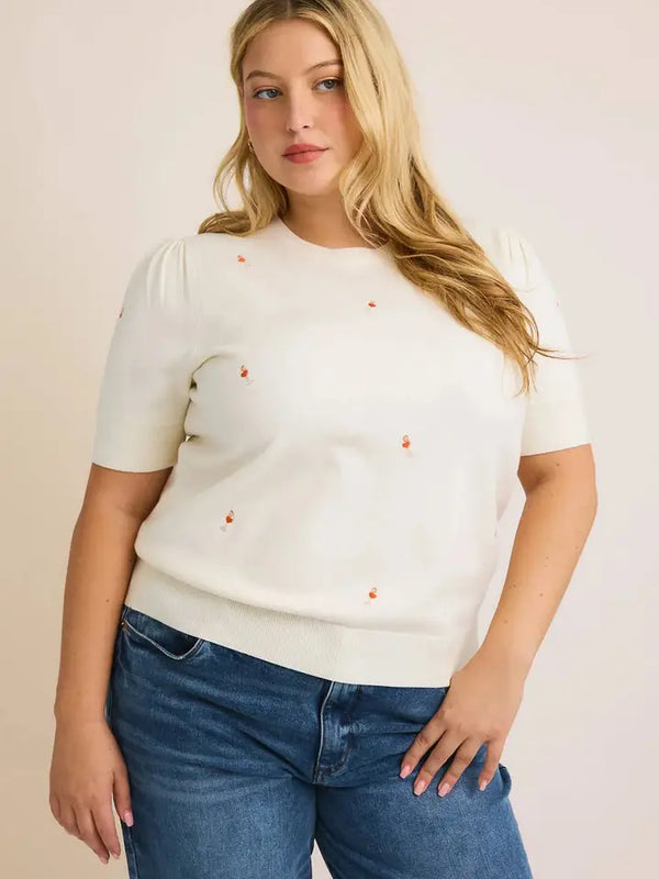 Plus Size Orange Floral Embroidered Short Sleeve Knit Top - Cream