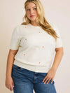 Gilli Plus Size Orange Floral Embroidered Short Sleeve Knit Top - Cream