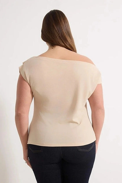 WOJCOR Plus Size Draped Detail Asymmetrical Collar Knitted Blouse