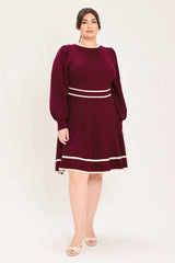 Flying Tomato Plus Size Circle Skirt Sweater Knit Mini Dress - Wine