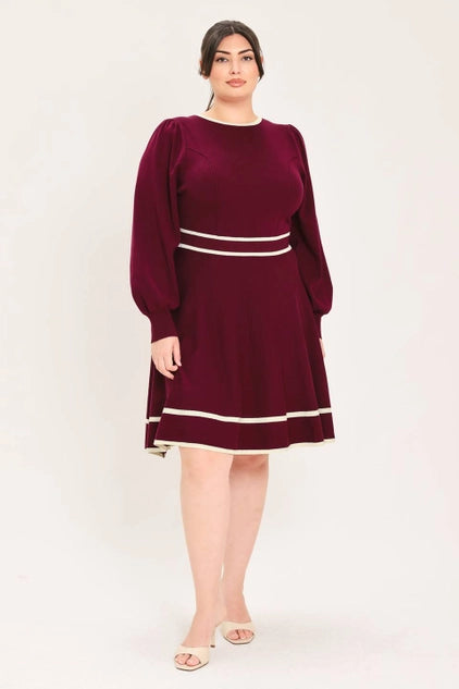 Flying Tomato Plus Size Circle Skirt Sweater Knit Mini Dress - Wine