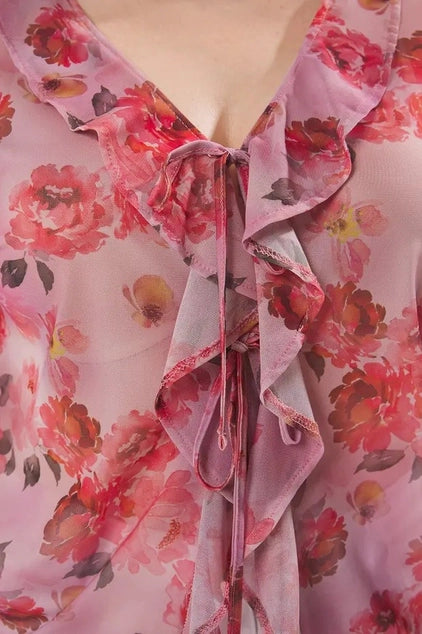Floral Patterned Tie-Up Tulle Knit Plus Size Blouse - Multi