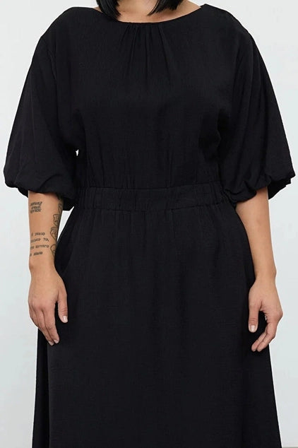 WOJCOR Textured Balloon Sleeve Midi Woven Plus Size Dress - Black