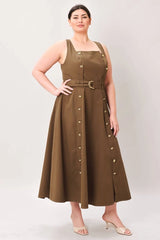 Flying Tomato Plus Size Straight Neckline Solid Woven Midi Dress - Brown