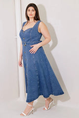 Flying Tomato Plus Size Washed Sweetheart Denim Midi Dress - Denim Blue
