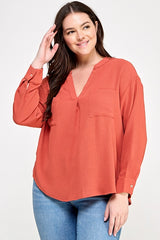 Haute Fox Plus Size V-Neck Back Button Down Long Sleeve Top