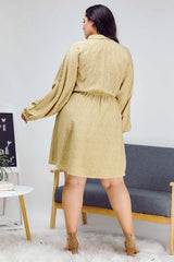 Davi & Dani Plus - Ditsy Print Button Front Drawstring Waist Shirt Dress - Taupe