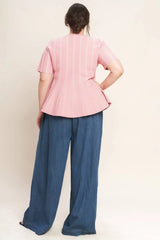 FLYING TOMATO Plus Size Peplum Jacquard Sweater Top - Pink White