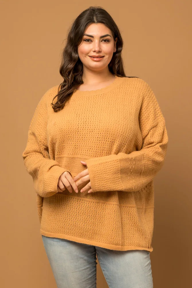 GILLI Plus Size Relax Fit Knit Texture Caramel Sweater - Caramel