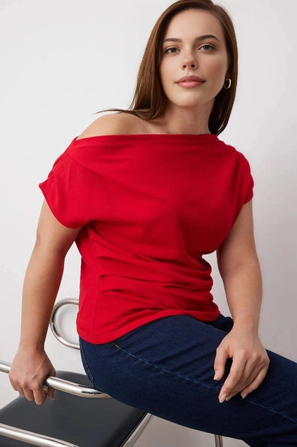 WOJCOR Plus Size Draped Detail Asymmetrical Collar Knitted Blouse