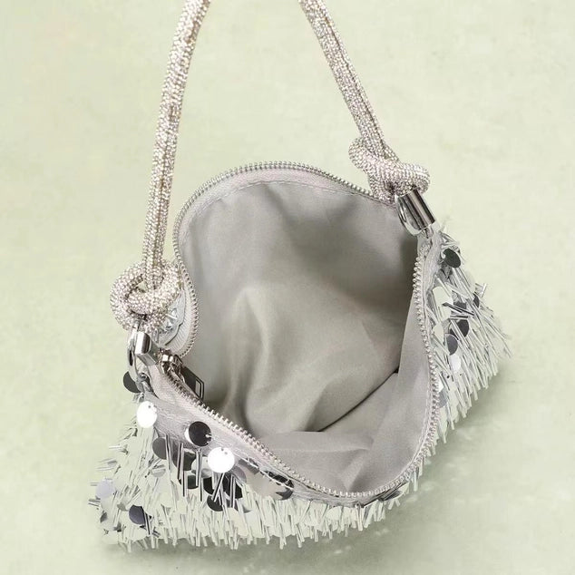 PEACH ACCESSORIES Sparkle and Shine Silver Fringe Bag - Gold