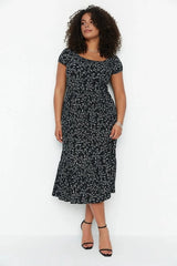 WOJCOR Plus Size Floral Pattern A-Line Maxi KnittedDress - Black