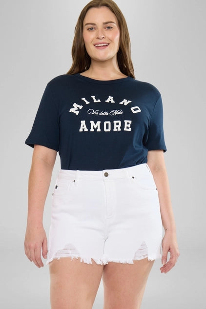 Kan Can USA Plus High Rise Distressed SHORTS - White
