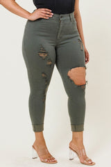 Vibrant M.i.U Plus Freebird Destroyed Skinny Jeans - Olive
