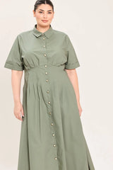 Flying Tomato Plus Size Collar Solid Woven Midi Dress - Olive
