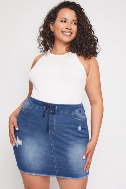 YMI Plus Pull On Fray Hem Skirt - Medium Wash