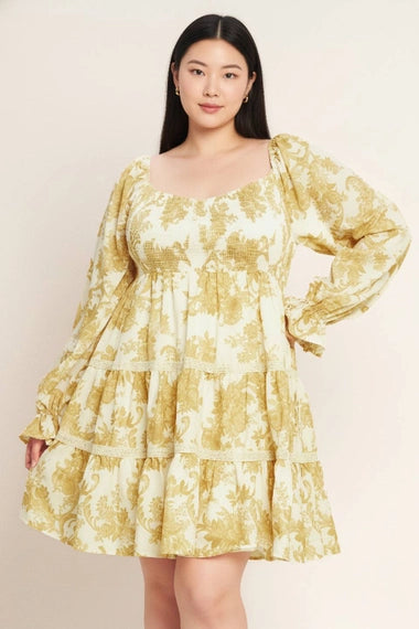 Flying Tomato Plus Size Printed Woven Mini Dress - OFF WHITE YELLOW