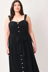 Flying Tomato Plus Size Sweetheart Neckline Solid Woven Midi Dress - Black