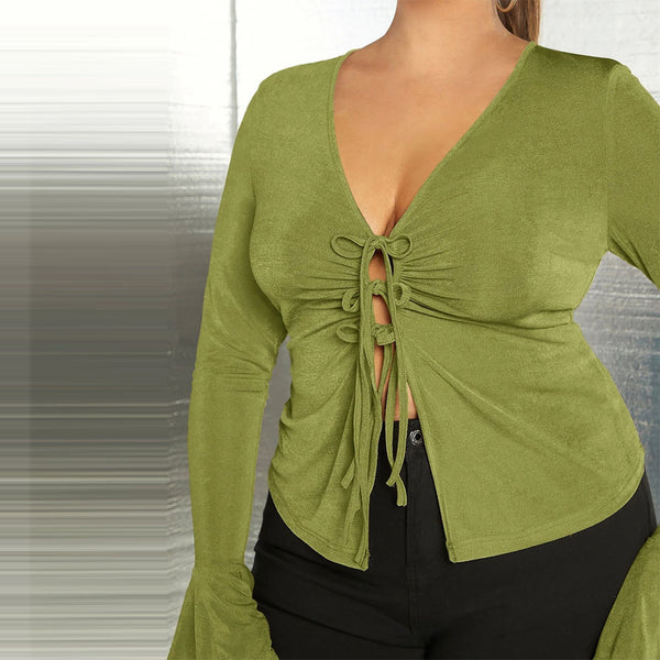 Plus Size Lace up V neck Slim Fit Long Sleeves Top - Olive