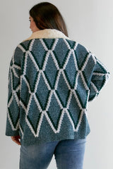 Plus - Diamond Pattern Boucle Collared Button Front Cardigan - Teal