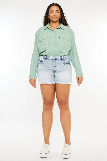 Kan Can USA Plus High Rise Mom Fit Denim SHORTS - Light Blue