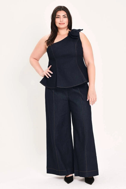Flying Tomato Plus Size One Shoulder Denim Top - Dark Denim
