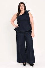 Flying Tomato Plus Size One Shoulder Denim Top - Dark Denim