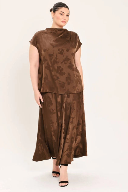 Flying Tomato Plus Size Funnel Neckline Woven Jacquard Top - Brown