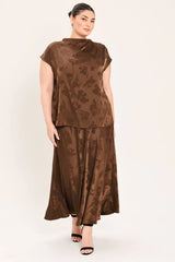 Flying Tomato Plus Size Funnel Neckline Woven Jacquard Top - Brown