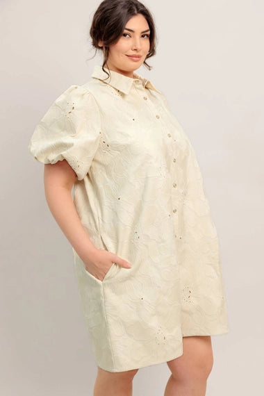 Flying Tomato Plus Size Button Down Textured Woven Mini Dress - Cream