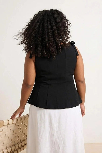 WOJCOR Plus Size Sleeveless Peplum Blouse with Waist and Shoulder Bow Detail