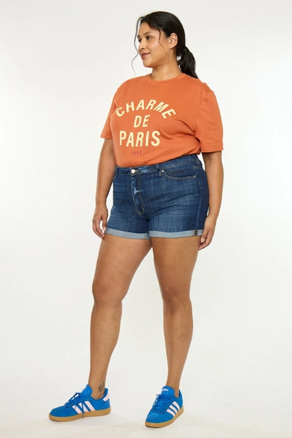 Kan Can Plus Size High Rise Denim SHORTS - Dark Wash