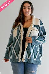 Plus - Diamond Pattern Boucle Collared Button Front Cardigan - Teal