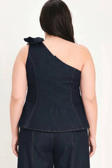 Flying Tomato Plus Size One Shoulder Denim Top - Dark Denim