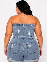 D.ROCK Plus Size Tube Top Stretch Cargo Short Rompers - Denim