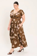 Flying Tomato Plus Size Corset Waist Printed Woven Midi Dress - BROWN FLORAL