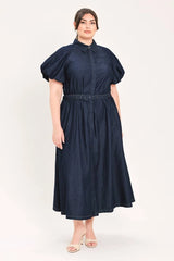 Flying Tomato Plus Size Bubble Sleeve Denim Midi Dress - DARK DENIM