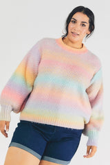 Davi & Dani Plus - Stripe Balloon Sleeve Sweater - Pastel Ombre