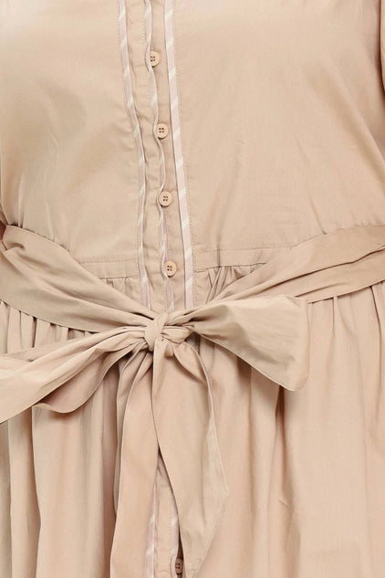 Flying Tomato Plus Size Self Sash Tie Contrasting Woven Midi Dress - Taupe