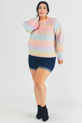 Davi & Dani Plus - Stripe Balloon Sleeve Sweater - Pastel Ombre