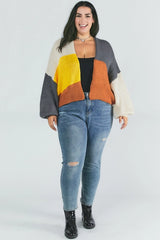 Davi & Dani Plus - Color Block Chunky Knit Balloon Sleeve Cardigan - Grey Combo