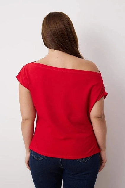 WOJCOR Plus Size Draped Detail Asymmetrical Collar Knitted Blouse