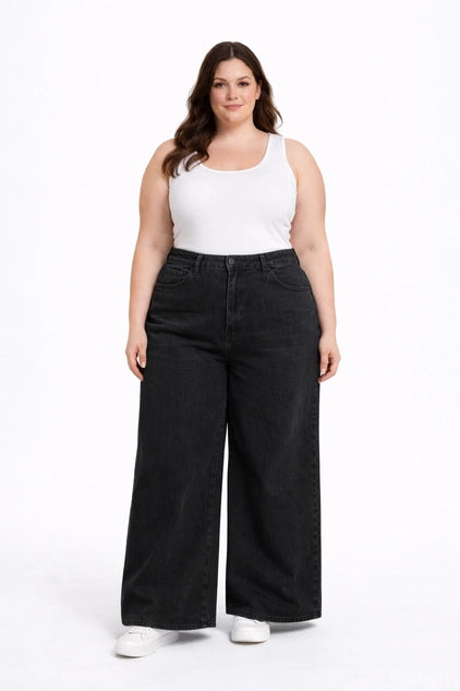 D.ROCK Plus Size High Waist Baggy Jeans Wide Leg - Dark Wash