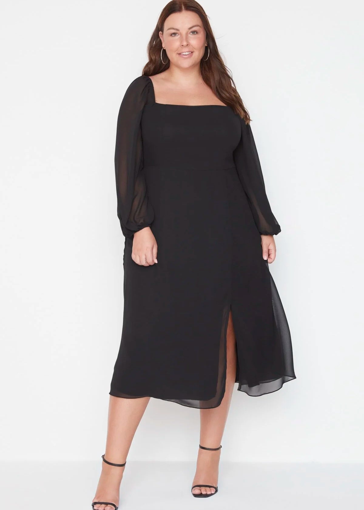 Plus Size Square Neck Slit A Line Midi Dress - Black