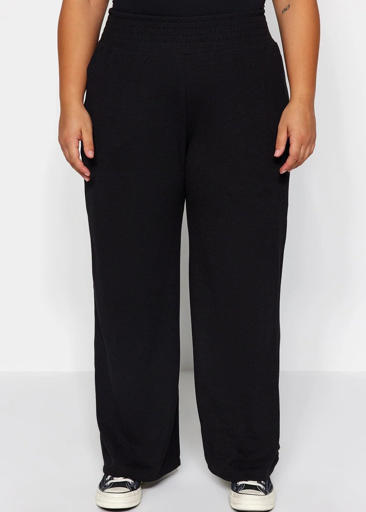 Plus Size High Waist Knitted Wide Cut Trousers - Black