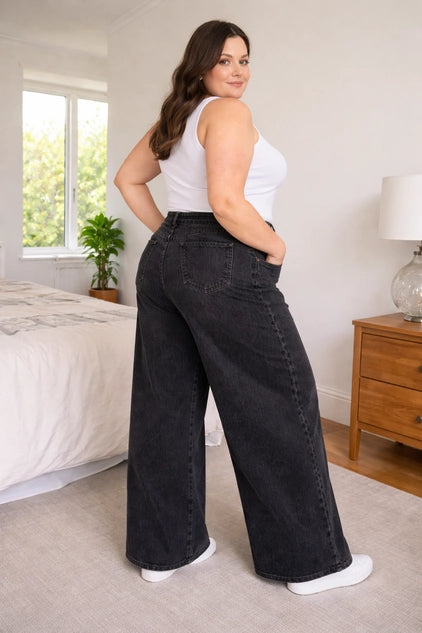 D.ROCK Plus Size High Waist Baggy Jeans Wide Leg - Dark Wash