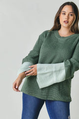 Davi & Dani Plus - Contrast Cuff Ribbed Knit Scoop Neck Sweater