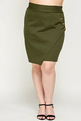 Haute Fox Plus Size Asymmetrical Pencil Skirt with Buttons - Olive